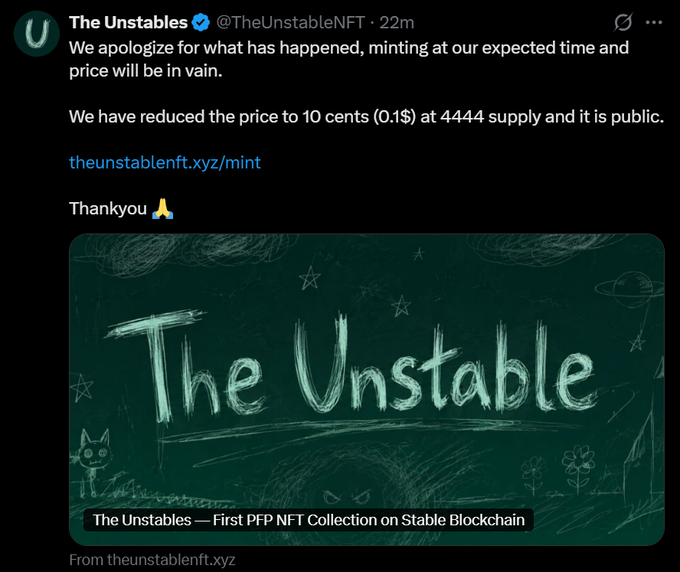 The image shows a tweet from verified account @TheUnstableNFT announcing an apology and a price reduction to 10 cents (0.1$) with 4,444 supply for a public mint of "The Unstables — First PFP NFT Collection on Stable Blockchain," which the accompanying post reveals is a stealth mint by a suspected serial rugger (@MarkyuiAlex) with wallet 0x55e5c2DA2e395D754c78388a76bCdE1c2CB5388b.