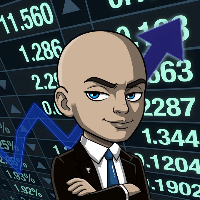 The image depicts a cartoon illustration of a shrewd-looking bald man in a suit and tie, set against a backdrop of stock market data with upward trending arrows. This visually represents "The Stonk Trader" mentioned in the accompanying post.