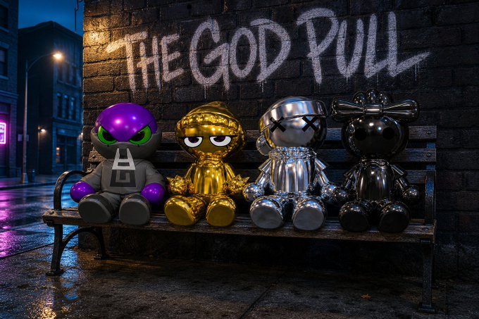 Four glossy, chrome-like figurines sit on a wooden bench in a dark alleyway beneath graffiti reading 'THE GOD PULL', featuring designs resembling Bape, a Minion, KAWS, and a Mickey Mouse-style character.
