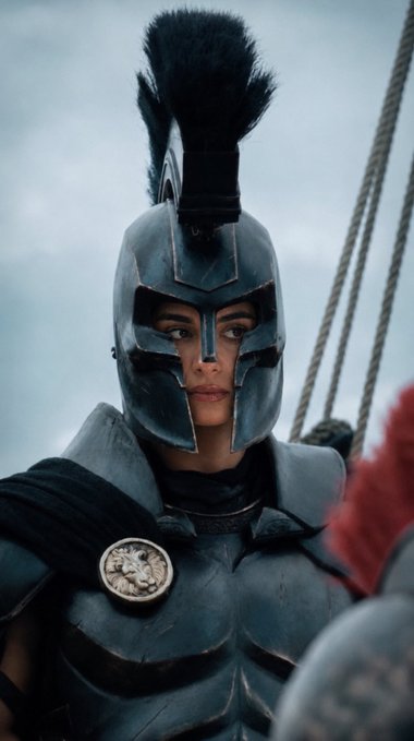 A person in detailed dark armor and a plumed helmet, possibly depicting a Spartan or Trojan warrior, staring directly forward.