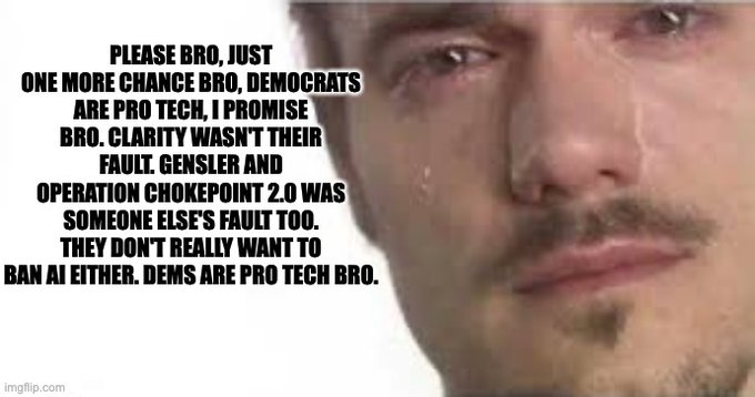 A crying meme face displays text reading: "PLEASE BRO, JUST ONE MORE CHANCE BRO, DEMOCRATS ARE PRO TECH, I PROMISE BRO. CLARITY WASN'T THEIR FAULT. GENSLER AND OPERATION CHOKEPOINT 2.0 WAS SOMEONE ELSE'S FAULT TOO. THEY DON'T REALLY WANT TO BAN AI EITHER. DEMS ARE PRO TECH BRO."