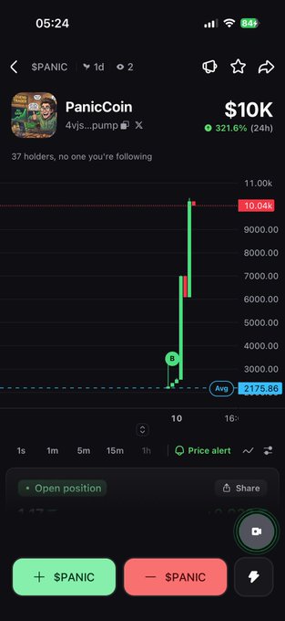 A mobile app screenshot showing a token named "$PANIC" by "PanicCoin," displaying a massive price surge to $10K with a 321.6% increase over 24 hours.