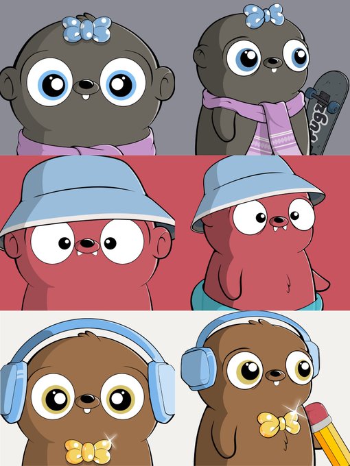 A collage of six cartoon seals/otters dressed up with accessories like bows, hats, scarves, and headphones, with one holding a skateboard and another a microphone.