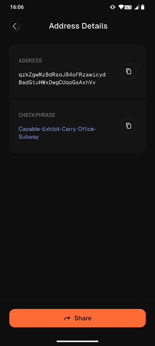 A mobile app screen titled 'Address Details' showing a cryptocurrency wallet address and the checkphrase 'Capable-Exhibit-Carry-Office-Subway', with a 'Share' button at the bottom.