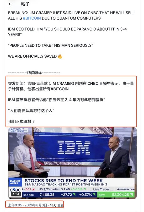A CNBC Mad Money screenshot from August 3, 2026, shows Jim Cramer announcing he would sell all his Bitcoin due to quantum computing concerns, with IBM CEO warning him to be "paranoid about it in 3-4 years"—a decision that proved costly as Bitcoin surged 26% to break $77,000 just weeks later, reinforcing the post's mockery of Cramer's notoriously bad market timing.