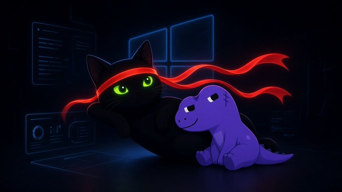 A digital illustration featuring a black cat with green eyes wearing a red ninja-style headband, alongside a small purple dinosaur-like creature, set against a dark background with glowing blue code interfaces.
