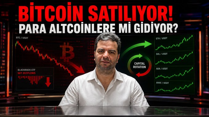 A man in a white shirt presents in front of digital screens displaying cryptocurrency charts, with bold Turkish text reading "BİTCOİN SATILIYOR! PARA ALTCOİNLERE Mİ GİDİYOR?" (Bitcoin is being sold! Is money going to altcoins?), alongside ticker references to BTC/USDT, ETH/USDT, SOL/USDT, ADA/USDT, AVAX/USDT, and a "Capital Rotation" graphic—visually reinforcing the YouTube post's question about whether altcoin season has begun amid Bitcoin's decline.