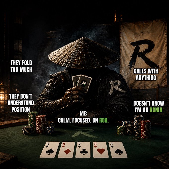 A masked samurai figure in a conical hat sits at a poker table with a five-card royal flush hand (A, K, 7, 2, J) displayed in front, captioned with phrases like "THEY FOLD TOO MUCH," "THEY DON'T UNDERSTAND POSITION," "CALLS WITH ANYTHING," "DOESN'T KNOW I'M ON RONIN," and "ME: CALM. FOCUSED. ON RON." The Ronin logo appears throughout, reinforcing the post's message about making smart decisions over relying on luck, aligning with the $RON poker branding.