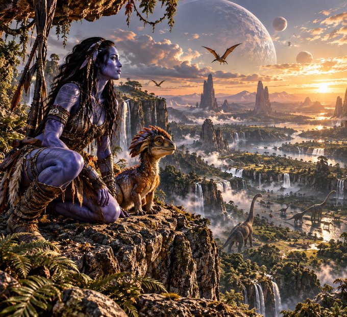 A fantasy artwork depicts a blue-skinned Na'vi-like woman kneeling on a cliff beside a small dragon-like creature, overlooking a lush alien landscape with waterfalls, dinosaurs, and a large moon at sunset.