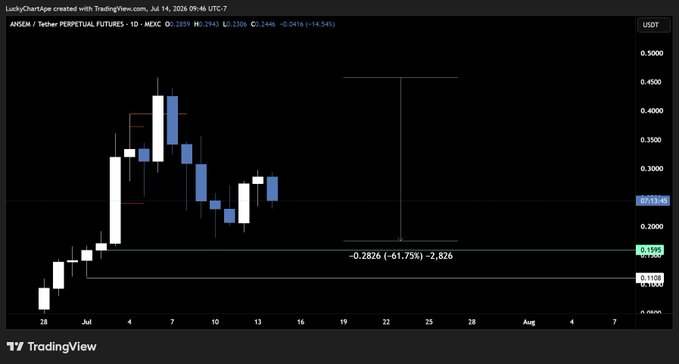 The image shows a TradingView candlestick chart for ANSEM / Tether Perpetual Futures (ANSEMUSDT) on MEXC, displaying a significant price drop of approximately -61.75% (-0.2826), with the current price at 0.2300, suggesting a sharp decline consistent with the post referencing $ansem experiencing a major pullback.