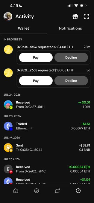 A screenshot of a mobile cryptocurrency wallet activity feed showing pending payment requests for ETH, alongside a transaction log including 'Received 1 DIH', 'Traded Ethere...', 'Sent 0.1 BNB', and other crypto transfers dated from late July 2026.