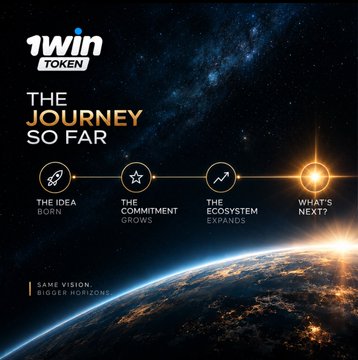 The image is a space backdrop featuring the "1win TOKEN" logo with the headline "THE JOURNEY SO FAR," displaying a four-stage timeline: "THE IDEA BORN," "THE COMMITMENT GROWS," "THE ECOSYSTEM EXPANDS," and "WHAT'S NEXT?" with the tagline "SAME VISION. BIGGER HORIZONS."

This promotional graphic visually aligns with the post's narrative, illustrating 1win Token's progression from inception through community building to ecosystem expansion, while teasing a major upcoming announcement that the post suggests is "nearly over."