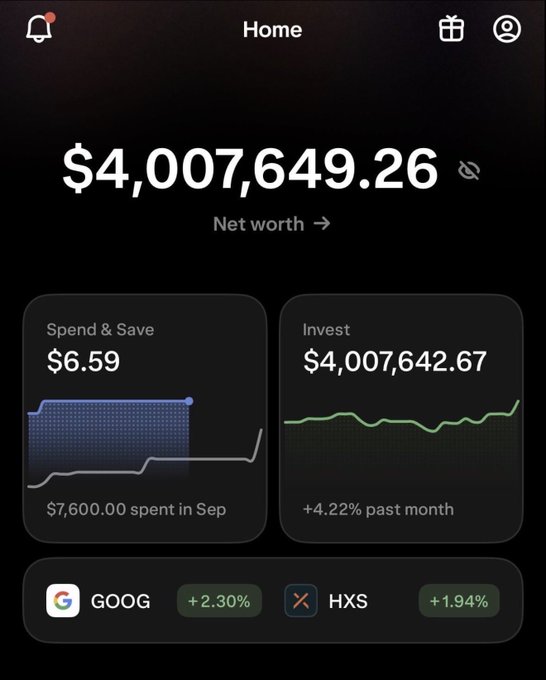 A dark-themed financial dashboard showing a net worth of '$4,007,649.26', with an investment portfolio of '$4,007,642.67' (HXS.t42.67%) and spend & save of $6.59, including GOOG (+2.30%) and HXS (+1.94%).
