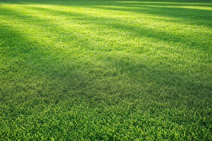 A close-up view of a vibrant green grass field illuminated by sunlight.