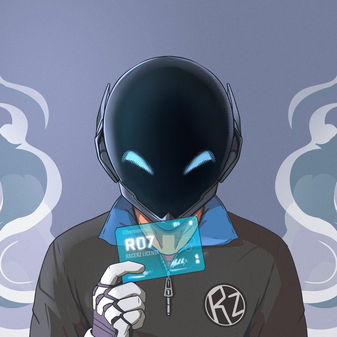 Digital artwork of a masked character with blue glowing eyes holding an 'Ethereum Racerz RACEZ LICENSE' card with 'R7' on it, wearing an 'RZ' branded jacket.