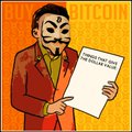 A Bitcoin-themed illustration of a man with a mustache holding a paper that reads 'CHANGE THE FACE OF THE WORLD' in front of an orange 'BITCOIN' background.