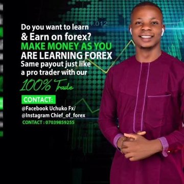 The image shows a young man smiling next to an advertisement for a Forex trading service offering "100% Trade" profits, with contact details for @Facebook Uchuko Fx/, @Instagram Chief_of_forex, and phone number 07039859255. 

Notably, the image appears unrelated or even contradictory to the accompanying post about being scammed out of 4 Bitcoin—rather than illustrating a cautionary tale, the graphic promotes a "100% Trade" forex scheme that could itself be the type of risky investment that leads to such losses.
