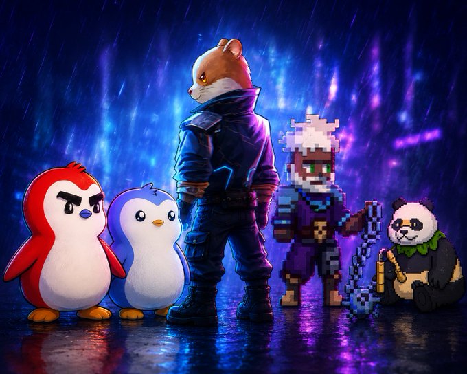 The image features a cartoon scene with four cartoon animals standing together, including a brown and white hamster wearing a leather jacket. The background of the image is dark blue, which contrasts with the lighter colors of the cartoon characters. There are also two penguins in the scene, one on each side of the group. The post includes text that reads "@Hamieverse Favorite Abstract NFT: @PENGU & @retsbaxyz Favorite Abstract meme/coin: $PENGU & @retbaxyz Favorite Abstract game: @Spellborne & @TollanUniverse Favorite Abstract tech/app (not native): @RelayProtocol & @opensea". The image is related to the post because it features a cartoon scene with four cartoon animals, and there are references to penguins in the background.