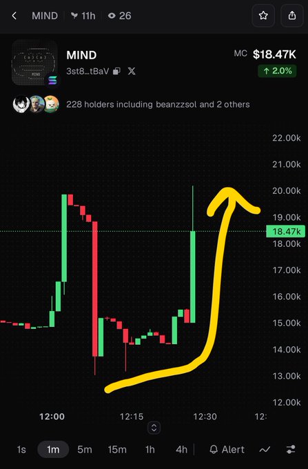 A cryptocurrency trading chart for the MIND token (market cap $18.47K, +2.0%) showing a sharp upward price movement highlighted by a hand-drawn yellow arrow, with 228 holders and a green support line at 18.47k.