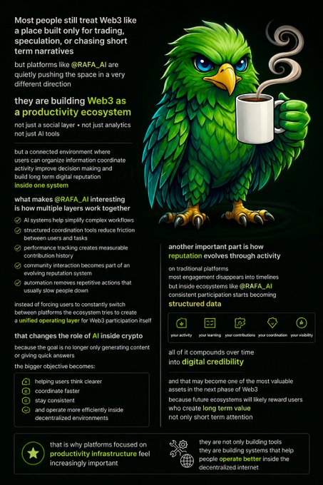 A green bird character holds a coffee cup, accompanied by a list of tasks and benefits on a black background with white text.