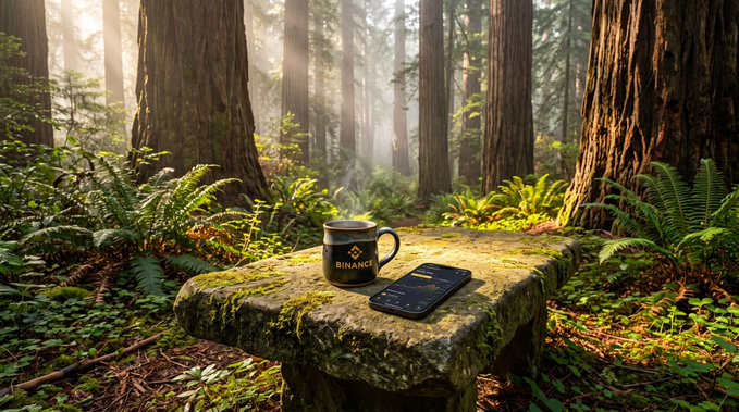 A black mug with a 'BINANCE' logo and a smartphone sit on a mossy stone bench in a sunlit forest.