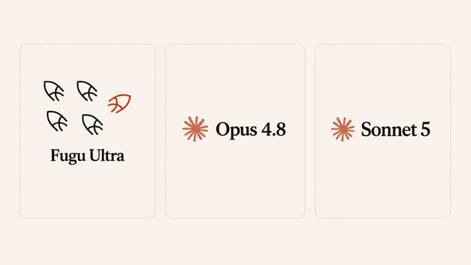 The image features a graphic design that highlights three races: Fugu Ultra (the one being discussed), Opus 4.8, and Opus 5. The graphic presents an unconventional perspective of these races by incorporating elements from early X reactions into the discussion. It emphasizes the contrast between the two races' performances in terms of speed, power, and cleanliness. This unique approach sparks a conversation about the different opinions people may have regarding the races' strengths and weaknesses as depicted in this visually engaging design.