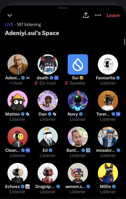 A screenshot of a Twitter Space titled "Adeniyi.sui's Space" showing 167 listening participants, including roles like Host (Adeni), Co-host (death), Speaker (Sui), and various Listeners with profile pictures.