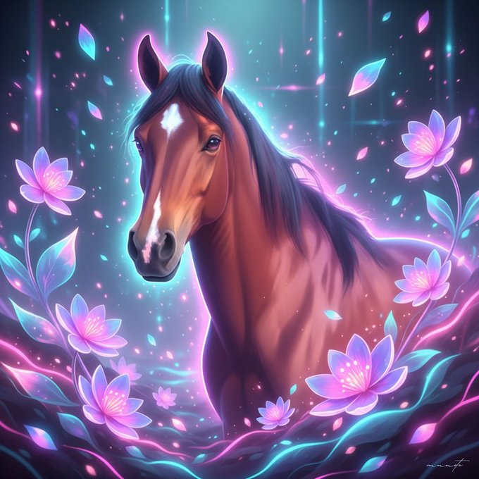 A vibrant digital fantasy artwork of a brown horse surrounded by glowing pink lotus flowers and neon teal lighting.