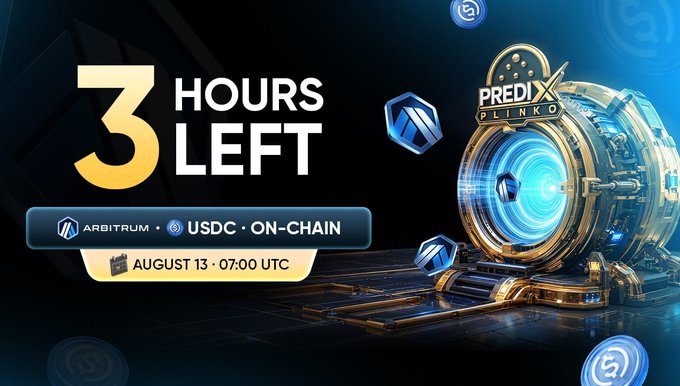 A promotional banner for 'PREDIX PLINKO' featuring a '3 HOURS LEFT' countdown timer, indicating 'ARBITRUM · USDC · ON-CHAIN' with a date of 'AUGUST 13 · 07:00 UTC'.