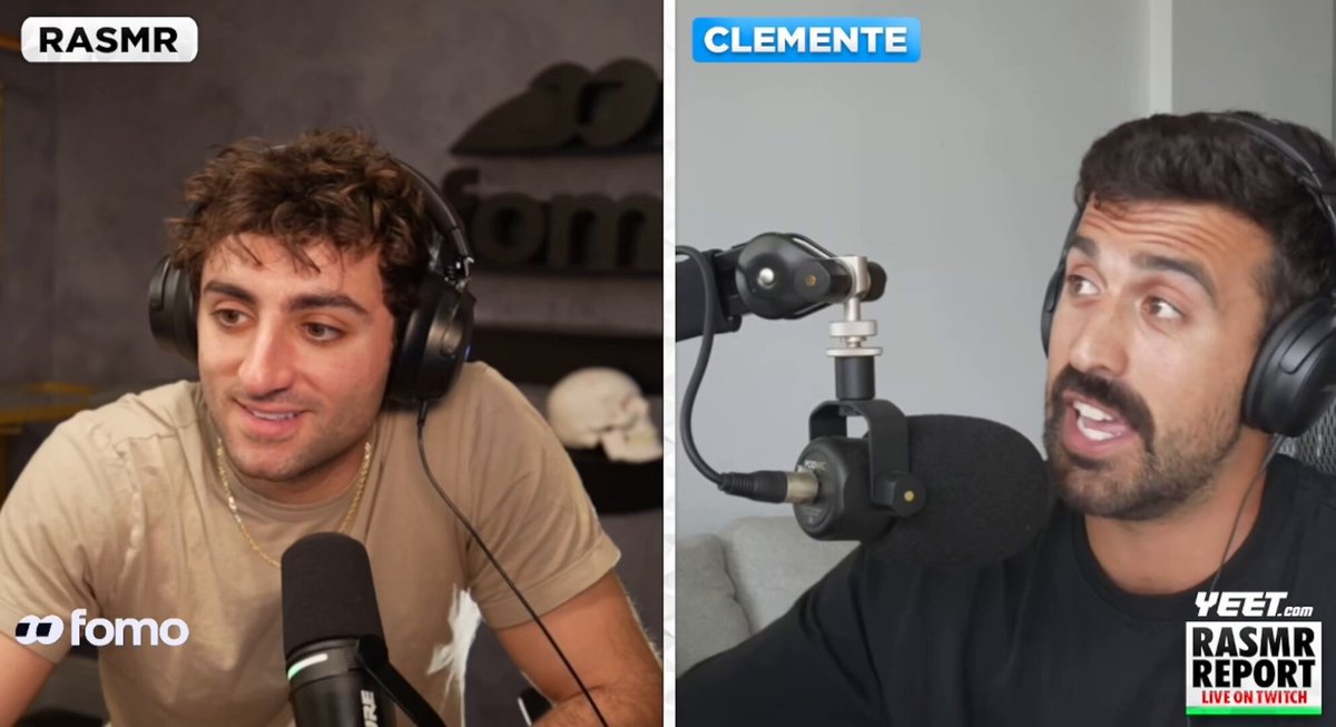 The image shows two men wearing headphones sitting behind microphones, with one man speaking into his microphone while the other man listens intently. The background of the image features a gray wall, which contrasts with the white text that reads "Focus on what is in the image and how it relates to the post."