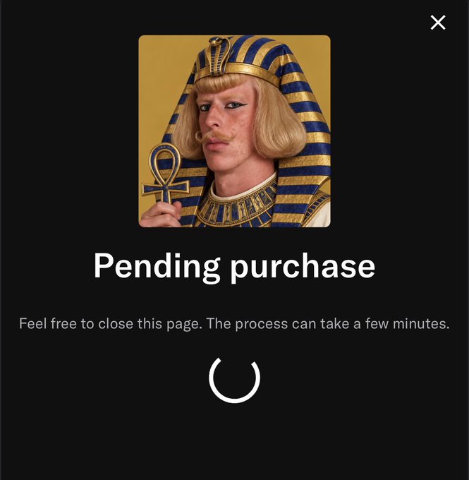 A mobile app screen showing a 'Pending purchase' status with a loading spinner, featuring a humorous image of a blonde man wearing a pharaoh headdress and holding an ankh.