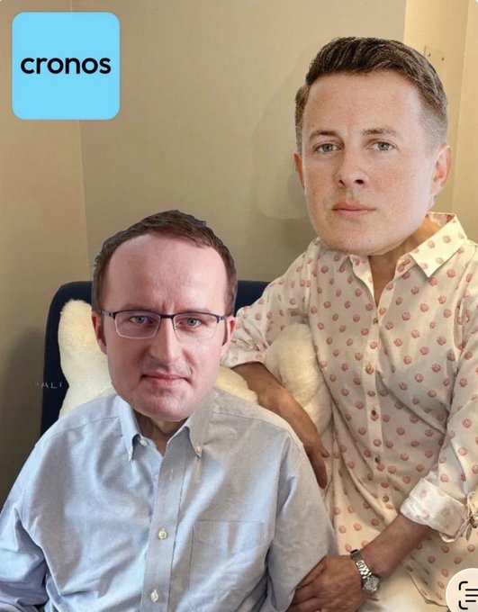 The image shows a man with glasses taking a selfie with a life-sized cardboard cutout of Elon Musk, with a "cronos" logo in the top left corner, humorously suggesting the poster is their only ally in the $CRO ecosystem as they skeptically question whether Cronos itself can drive the token's revival.