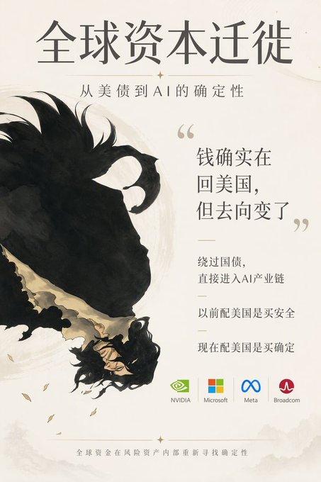 A Chinese-language poster titled '全球资本迁徙' (Global Capital Migration) with the subtitle '从美债到AI的确定性' (From US Bonds to AI Certainty), featuring an ink-wash horse illustration and logos for NVIDIA, Microsoft, Meta, and Broadcom.