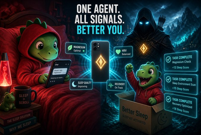 An AI-generated promotional image featuring two cartoon crocodiles in red hoodies, a smartphone displaying biometric data (Magnesium, HRV, Sleep Quality, Recovery), and a hooded figure, with the text 'ONE AGENT. ALL SIGNALS. BETTER YOU.'