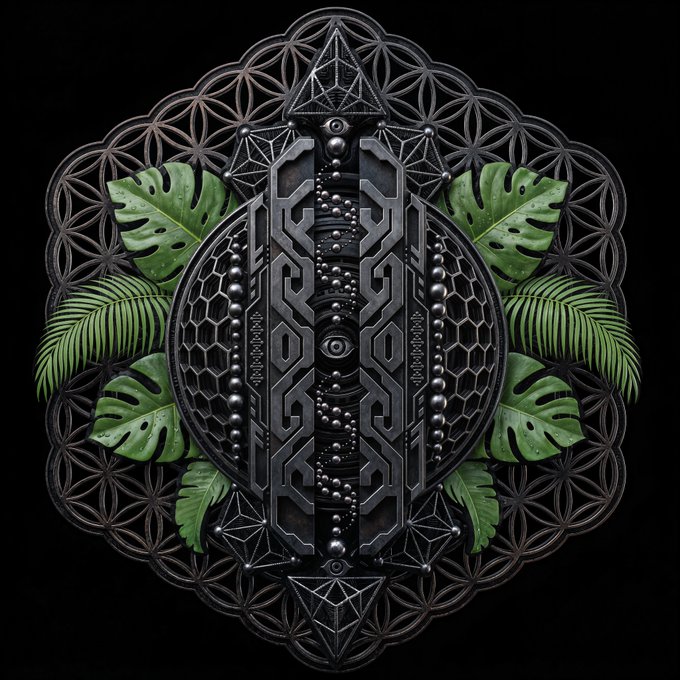 An intricate black metallic geometric design featuring sacred geometry patterns, monstera leaves, and fern fronds arranged in a circular mandala on a black background.