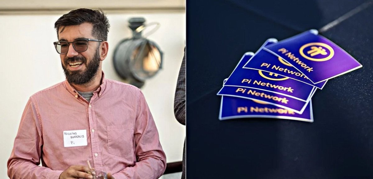 A smiling man wearing glasses and a "Nicolas Kokkalis - Pi" name tag stands at a gathering, alongside a stack of purple Pi Network branded cards, symbolizing the patience and persistence behind Pi Network's long-awaited milestone achieved after nearly eight years of development.