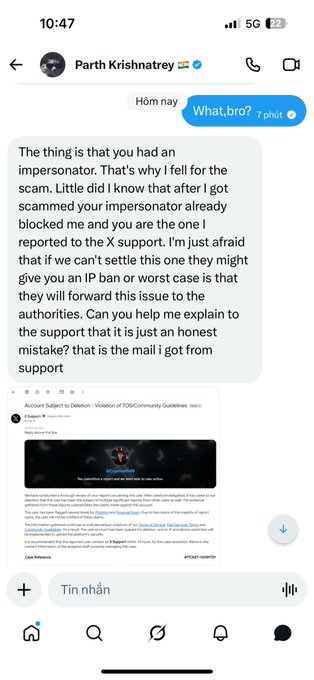 The image shows a message from "Parth Krishnatrey" on iMessage claiming that his X (Twitter) account was impersonated, and the scammer is now being defended on TOXCommunity guidelines, pressuring the recipient to click a link to explain the situation to support—likely a phishing attempt.

The screenshot supports the post's warning by demonstrating the scam tactic: using a sympathetic story about impersonation and lost money to manipulate the victim into clicking a suspicious link disguised as an "Account Subject to Deletion" notice.