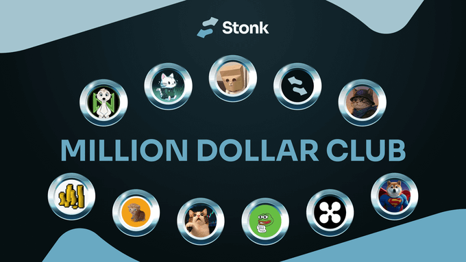 The image displays the "Stonk Million Dollar Club" banner with the Stonk logo at the top, featuring a circular arrangement of various character avatars (including animals and cartoon figures) surrounding the "MILLION DOLLAR CLUB" title text. The graphic visually represents the community of holders mentioned in the post, highlighting the platform's expanding user base of over 60,000 members in just 7 days through Stonk Capital Markets.