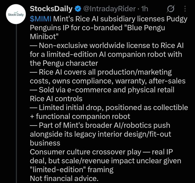 A tweet from StocksDaily (@IntradayRider) discussing $MIMI and Mint's Rice AI subsidiary licensing the Pudgy Penguins IP for a "Blue Pengu Minibot."