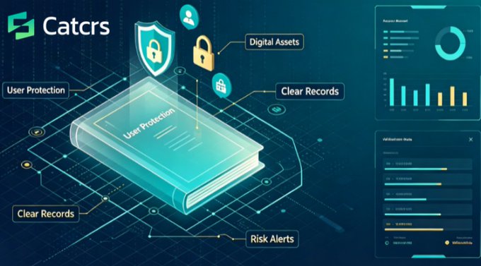The image features a futuristic blue-toned digital interface branded "Catcrs," showcasing a 3D book labeled "User Protection" alongside icons for Digital Assets, Clear Records, User Protection, and Risk Alerts, complemented by data dashboards displaying request metrics and validation stats. It visually reinforces Catcrs's focus on long-term digital asset services through user protection, aligning with the post's theme of observing user rights protection trends in the global digital asset industry.