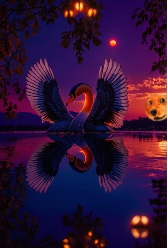 A majestic swan with outstretched wings stands on a mirror-like lake at sunset, its reflection perfectly mirrored in the water below, while a smiling Doge Shiba Inu face appears as the moon in the twilight sky—blending serene natural beauty with the playful Dogecoin community spirit of the post.