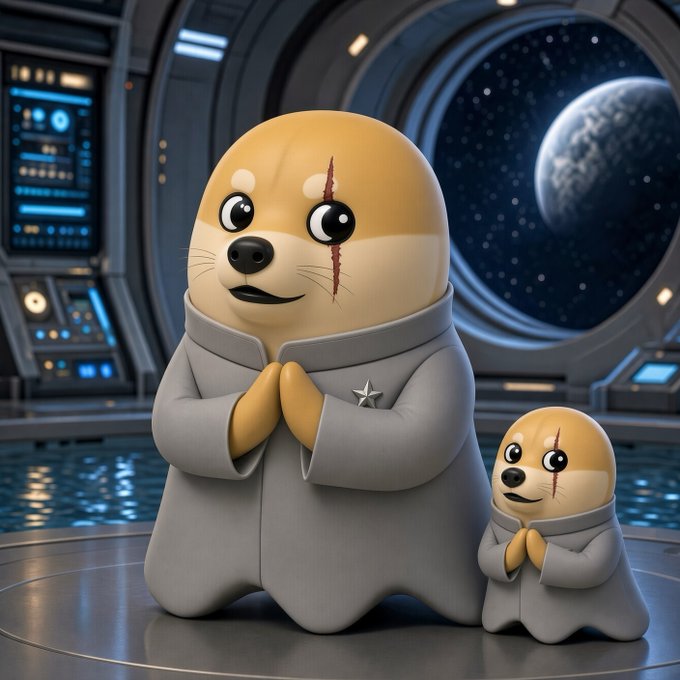 Two cute seal-like characters in gray robes with scar-like marks on their faces stand in a spaceship interior with a view of Earth through a window.