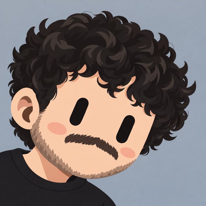 A cartoon-style digital illustration of a person with curly black hair, a mustache, stubble, and pink blushing cheeks against a blue background.
