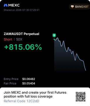 This screenshot shows a successful short trade on ZAMAUSDT Perpetual on MEXC, with a profit of +815.06% and an entry price of $0.06482. The accompanying post mentions profit targets of $0.0488 and $0.0369.