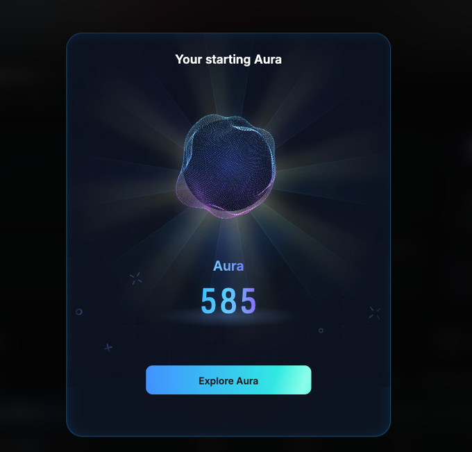 A dark-themed interface displays a glowing wireframe 3D sphere labeled "Your starting Aura" with a score of 585 prominently shown in a blue gradient font. An "Explore Aura" button sits at the bottom, matching the user's post showcasing their @KaitoAI Aura score of 585.
