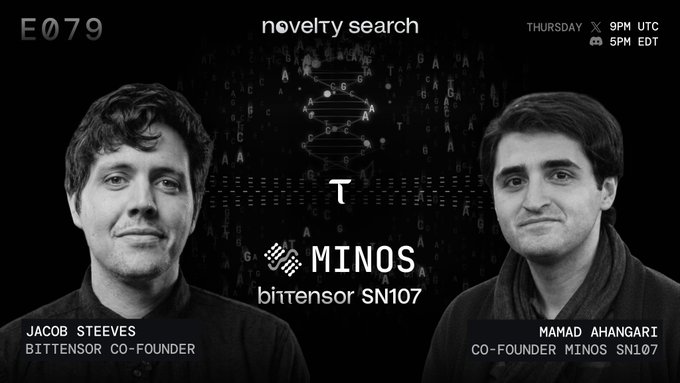 A black and white promotional image for Episode 079 of 'novelty search,' featuring co-founders Jacob Steeves (Bittensor) and Mamad Ahangari (Minos SN107), airing Thursday at 9PM UTC.