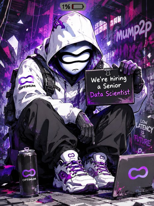 A stylized cyberpunk illustration shows a hooded figure with a digital mask holding a sign that reads 'We're hiring a Senior Data Scientist,' with 'Optimum' branding, 'mump2p' graffiti, and 'Low Latency is the Future' text.