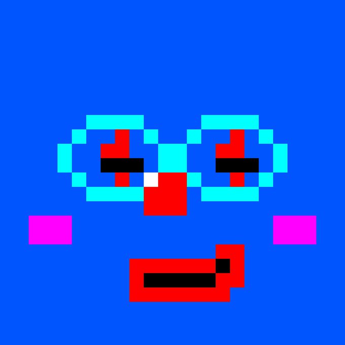 A pixel art face on a blue background, featuring cyan-rimmed glasses with red and black eyes, pink cheek spots, and a red mouth with a small black detail.