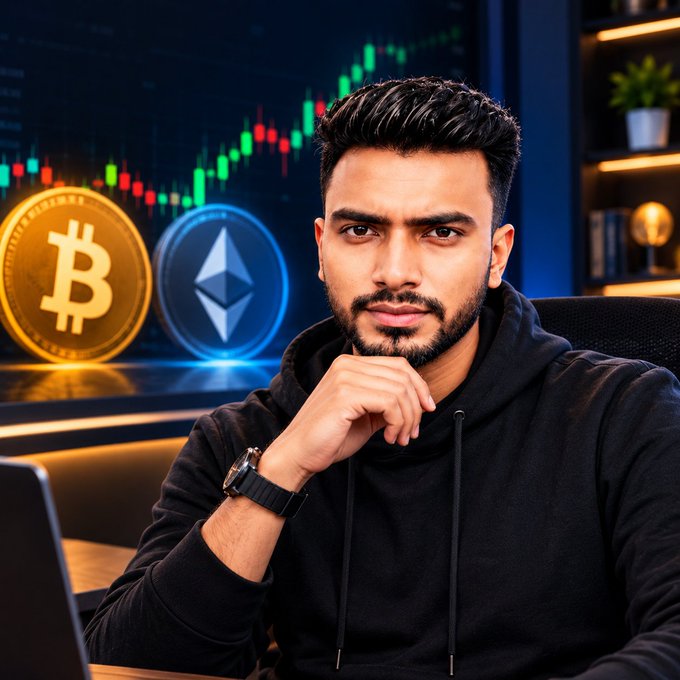 A young man with a beard wearing a black hoodie sits at a desk in front of a monitor displaying Bitcoin and Ethereum logos with a candlestick chart, suggesting a crypto trading or content creation theme.