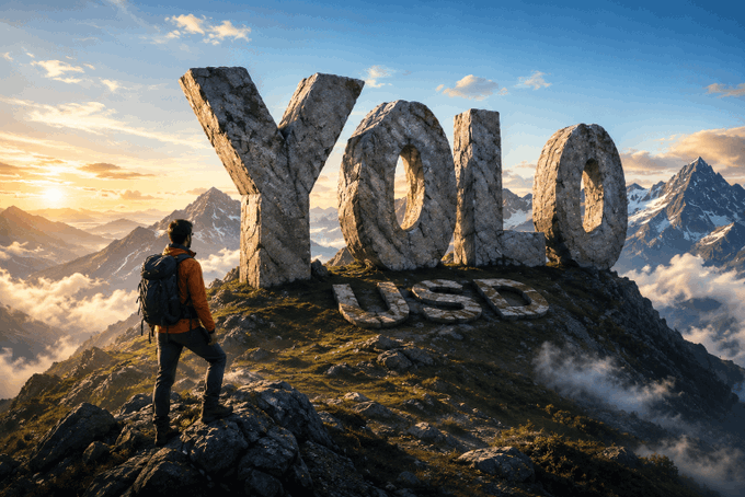 The image features a person standing at the top of a mountain with a large rock that says "YOLO" written on it. The person appears to be wearing a backpack and has their back turned towards the camera, giving an impression of solitude or contemplation. In the background, there are mountains under a blue sky, creating a serene atmosphere.

The post seems to be promoting YOLOUSD, which is a cryptocurrency that uses the YOLO coin as its underlying asset. The image also contains text related to the YOLO coin and USDC, suggesting that it might be an advertisement or promotional material for this digital currency.
